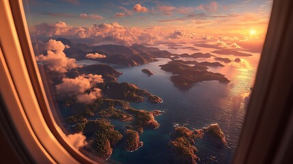 scene through airplane window showing winding coastlines, luxurious island retreats, and peaceful sea stretching to the horizon with a serene atmosphere 