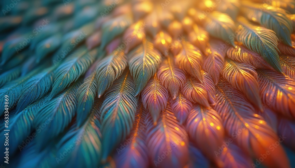 Poster vibrant iridescent feathers arranged in overlapping pattern