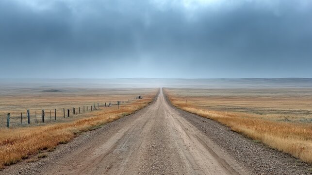 Dusty road stretches into hazy plains under overcast sky - Powered by Adobe
