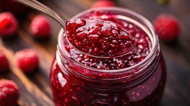 Delicious raspberry jam with spoon and fresh raspberries indoors