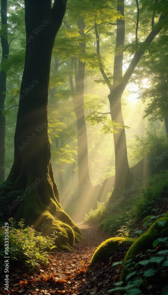 Poster sun rays shining through trees on a serene forest path