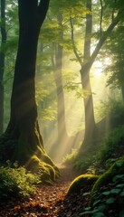 Obraz premium Sun Rays Shining Through Trees on a Serene Forest Path
