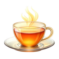 A clear teacup filled with hot tea sitting on a white saucer plate on transparent background