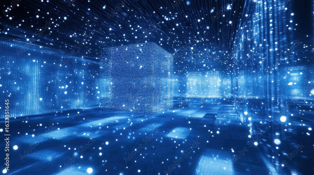 Poster luminous cubes floating in abstract digital night environment