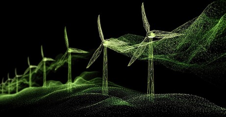 Abstract wind turbines, particle effect, green energy