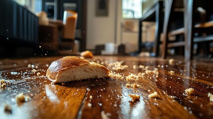 Messy eating bread crumbs scattered on hardwood floor in dining room creates everyday life concept