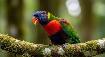 Naklejka premium Colorful Rainbow Lorikeet Perched on Mossy Branch in Lush Rainforest