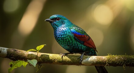 Naklejka premium Beautiful Blue-capped Ifrita Bird Perched on a Branch in the Rainforest