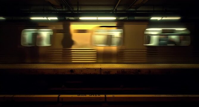 Static wide tripod shot of a dimly lit NYC subway station, a train comes speeding through on the train tracks from camera right passing through with speed.

