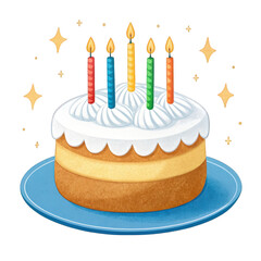 A layered cake with white frosting and colorful lit birthday candles on transparent background