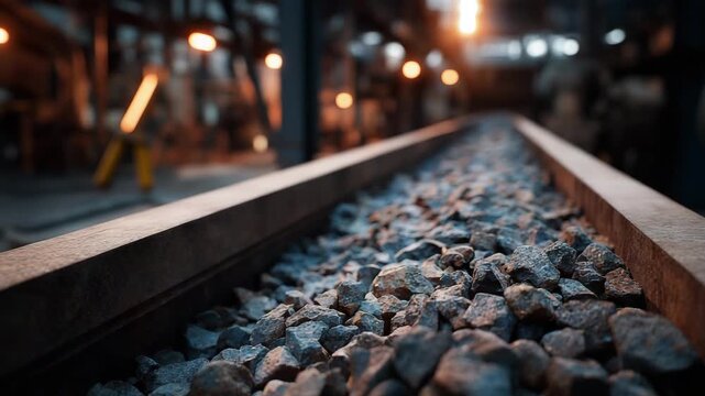 A train track with a pile of rocks on it. conveyor belt carrying crushed rare earth minerals in mining industrial processing plant, gritty metallic textures, neutral dark lighting