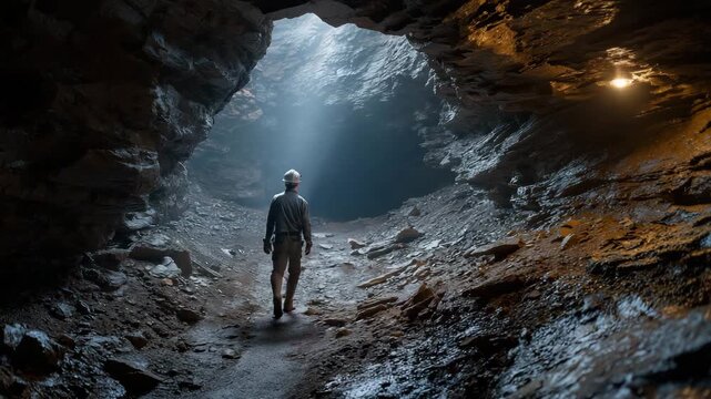 A man is walking through a cave. wearing a helmet. miner with helmet light walking through dark underground rare earth mining tunnel, gritty cinematic mood, metallic textures
