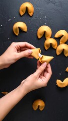 Unveiling destiny: Hands opening a fortune cookie to reveal a message