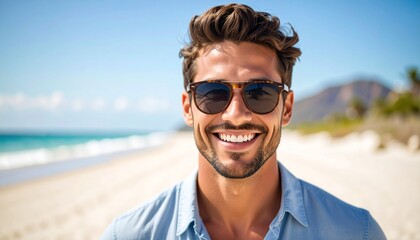 Handsome man wearing sunglasses, traveling on beach