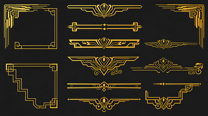 Collection of geometric art deco ornament. Luxury golden decorative elements with lines, ornate corner, borders, frames, headers, dividers. Set of elegant design suitable for card, invitation, poster.