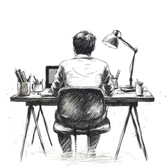 Hand-drawn sketch of a professional working at a desk with a laptop, lamp, and stationery. Concept of work, productivity, and office life.   high resolution   for isolate image