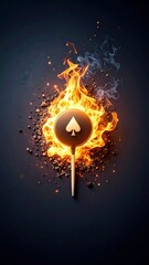 Burning spade symbol with dynamic flames and smoke on a dark backdrop