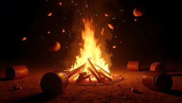 A Lohri bonfire blazes in an infinite black void &mdash; no people, just fire, dhols lying scattered, peanuts and revri hovering mid-air &mdash; time frozen in celebration.

