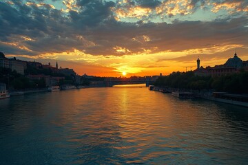 Naklejka premium City river sunset with dramatic clouds