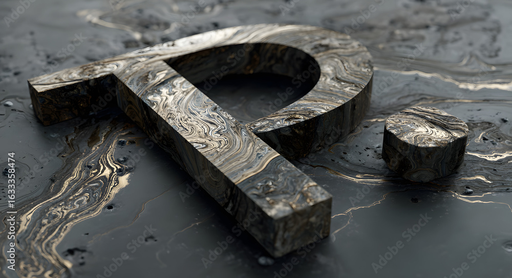 Poster metallic pi symbol on black background with subtle swirl effect