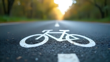 A white bicycle symbol painted on asphalt road for bicycle lane - cycling, eco-friendly transport, healthy urban commuting and road safety awareness concept 