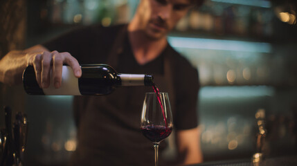A bartender pours red wine into a glass, creating a rich and inviting scene in a dimly lit bar atmosphere.