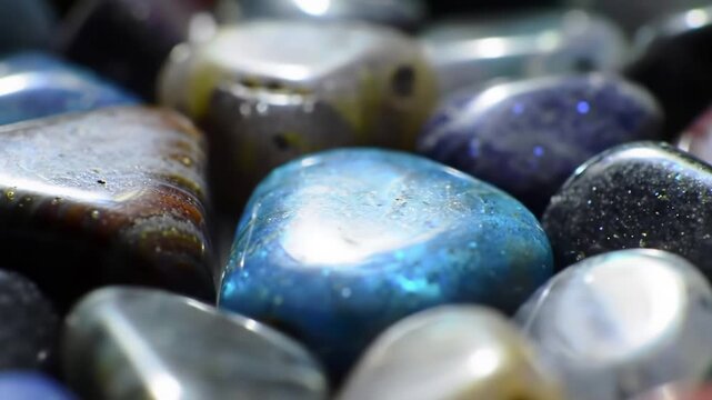 Beautiful macro dolly shot of colorful polished gemstones shining with a bright blue labradorite in the center
