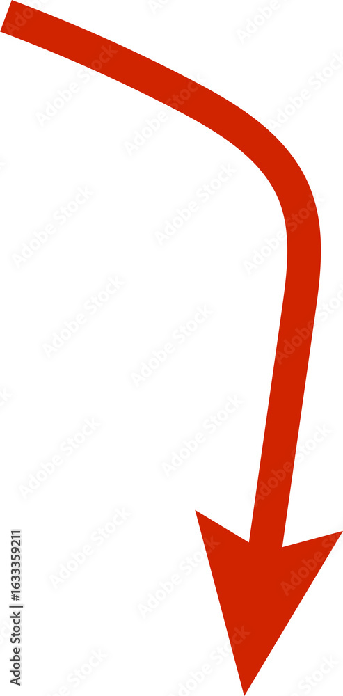 Poster bold red curved arrow pointing down: modern minimalist design element