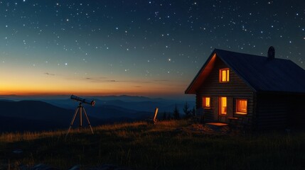 Telescope observing stars at serene mountaintop night sky