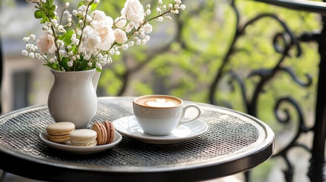 Cup of coffee with macarons and flowers on urban balcony - Powered by Adobe