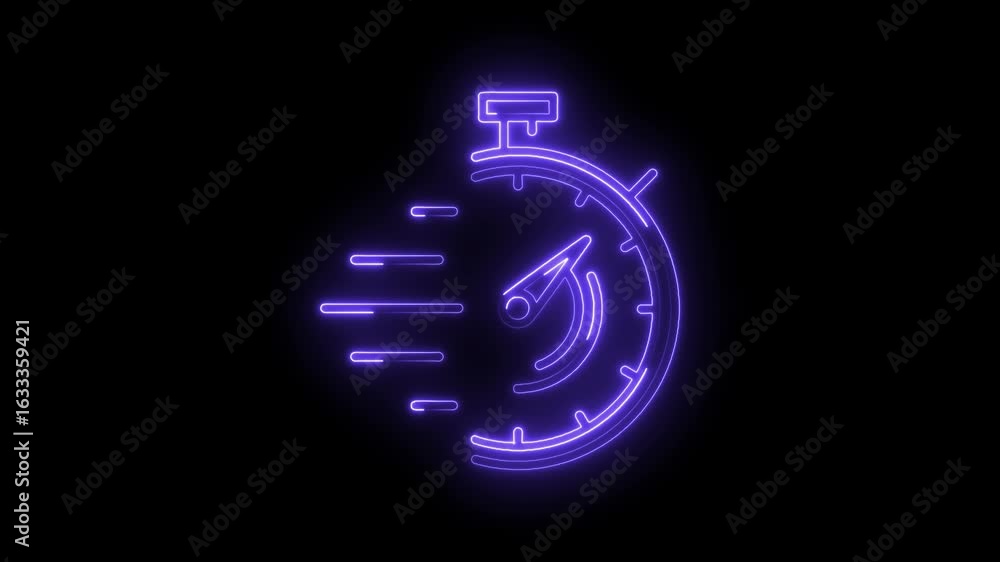 Poster glowing neon stopwatch icon with speed lines isolated on black background representing fast time pro