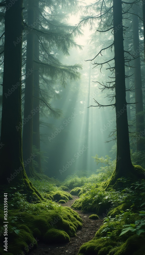 Poster sunbeams breaking through fog in serene forest path