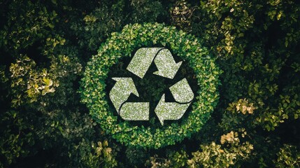 Recycling symbol made of greenery in serene outdoor setting