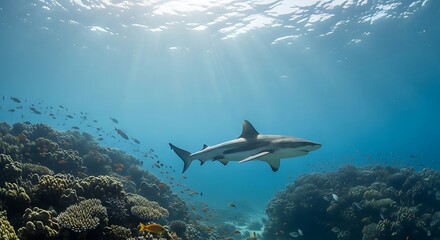 Fototapeta premium Majestic Shark Swimming Over a Coral Reef with Sunbeams