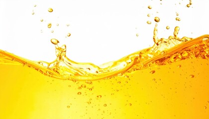 ** Close-up of golden liquid splashing with droplets on a white background, capturing motion and energy. **