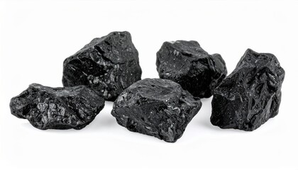 Fototapeta premium High-resolution image of five black coal rocks on a white background, ideal for energy and industrial themes.