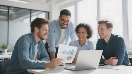 Four colleagues collaborating on a project, analyzing data on a laptop and document in a modern office setting.