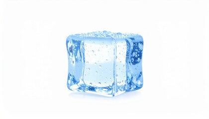Obraz premium Close-up of a transparent ice cube with bubbles, isolated on a white background, symbolizing freshness and coolness.