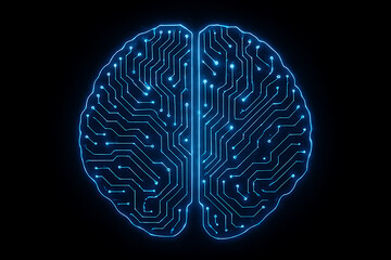 Vibrant blue circuit board brain pulses with intelligent data streams, symbolizing AI innovation and neural networks.