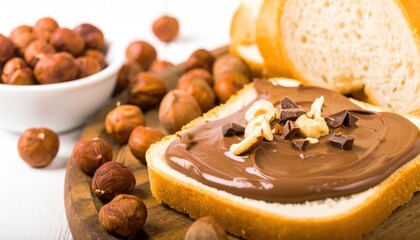 Close-up of creamy hazelnut chocolate spread on bread, surrounded by whole hazelnuts on a wooden board.