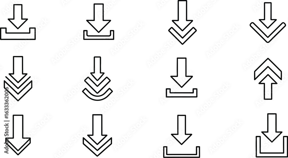 Poster vector art of download icon set with arrow symbols for web and graphic design, featuring editable li