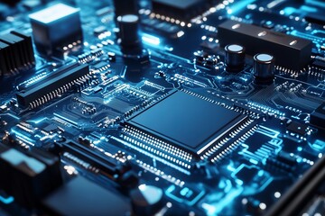 Obraz premium Close-up of glowing circuit board with central chip (3)