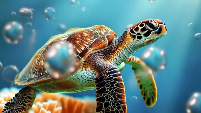 A vibrant sea turtle gracefully swims amidst shimmering bubbles and a coral backdrop, its shell showcasing intricate patterns of brown, orange, and black