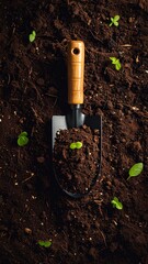 Tiny sprouts of life rising from fertile earth with garden hand trowel