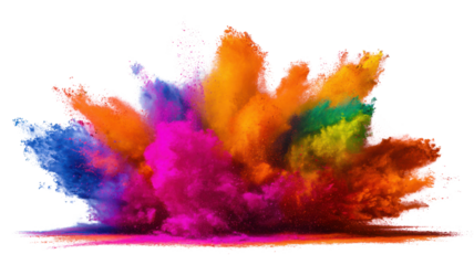 A vibrant explosion of colored powders creates a striking visual display with shades of pink, orange, blue, green, and purple.