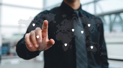 Businessman interacting with global map and location icons for data connectivity
