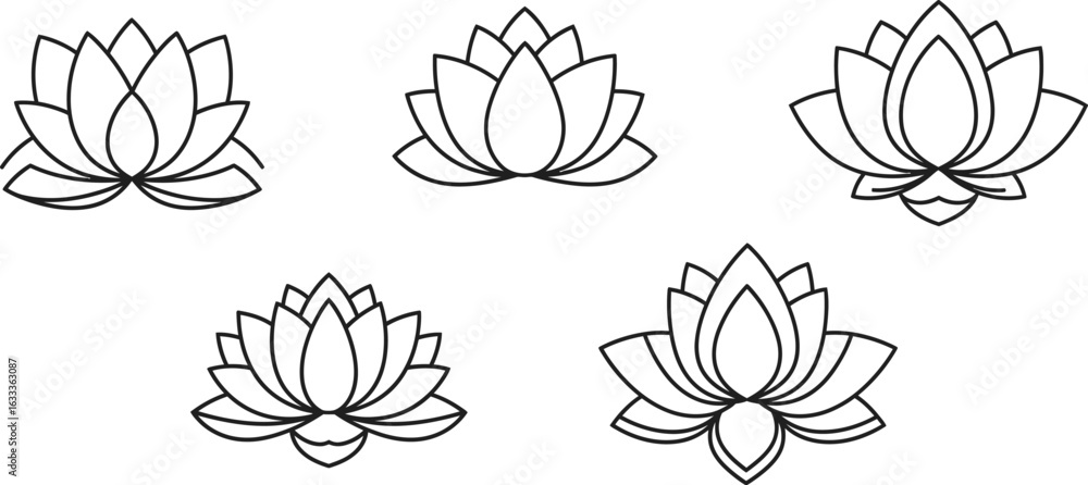 Poster Vector art of set of five lotus flowers, showcasing their elegant and simple design, perfect for adding a touch of nature and tranquility to any project