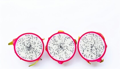 Three dragon fruit halves with vibrant pink skin and speckled white flesh on a white background, highlighting their unique texture and color.