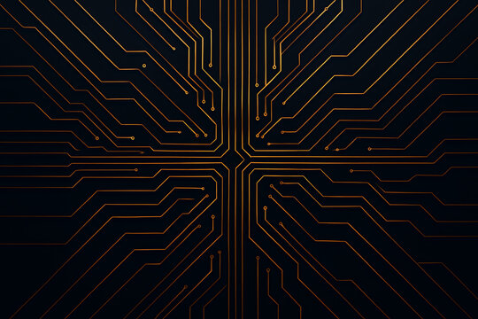 Stunning golden circuit board lines create a futuristic, high-tech digital abstract pattern.