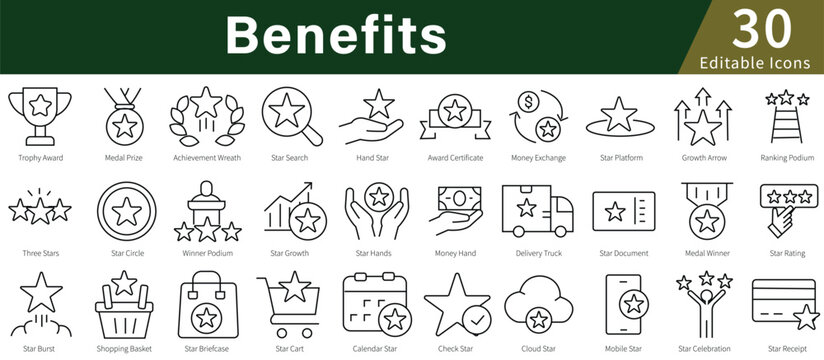 Benefits Line Icons Set with Editable Stroke for Employee, Insurance, Healthcare, and Workplace Perks